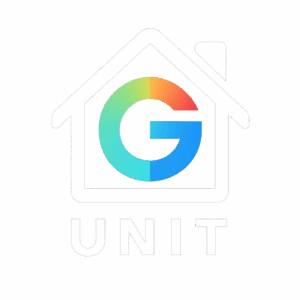 The G Unit logo features a white house outline with a colorful gradient G inside. Below, "UNIT" is written in white. The logo is set against a dark green background.