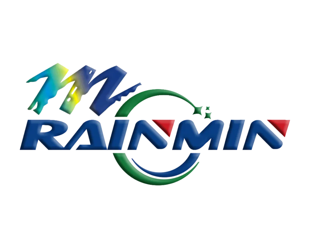 Glossy blue stylized text RAINMIA with green circular arrow wrapping letters, red triangular accents and a blue-green abstract M above.